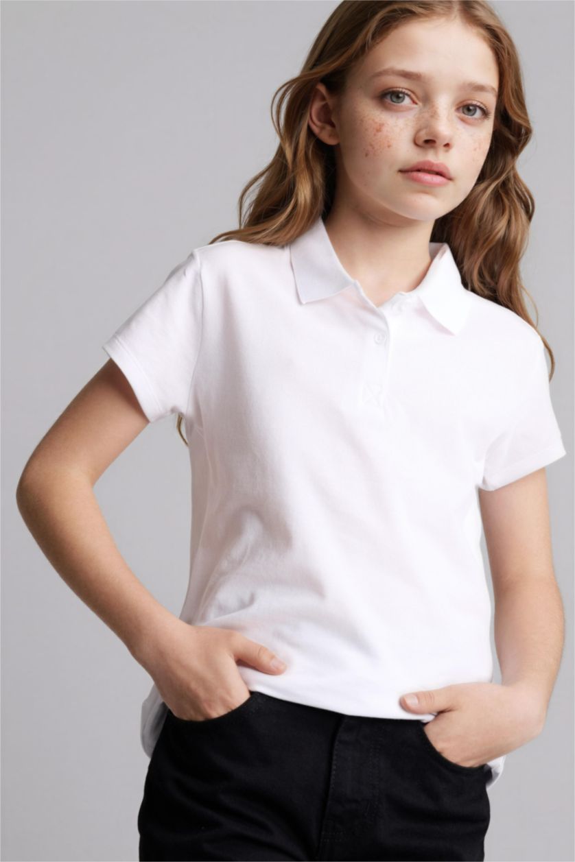 FILLES Blanc Polo basique à manches courtes en coton pour fille