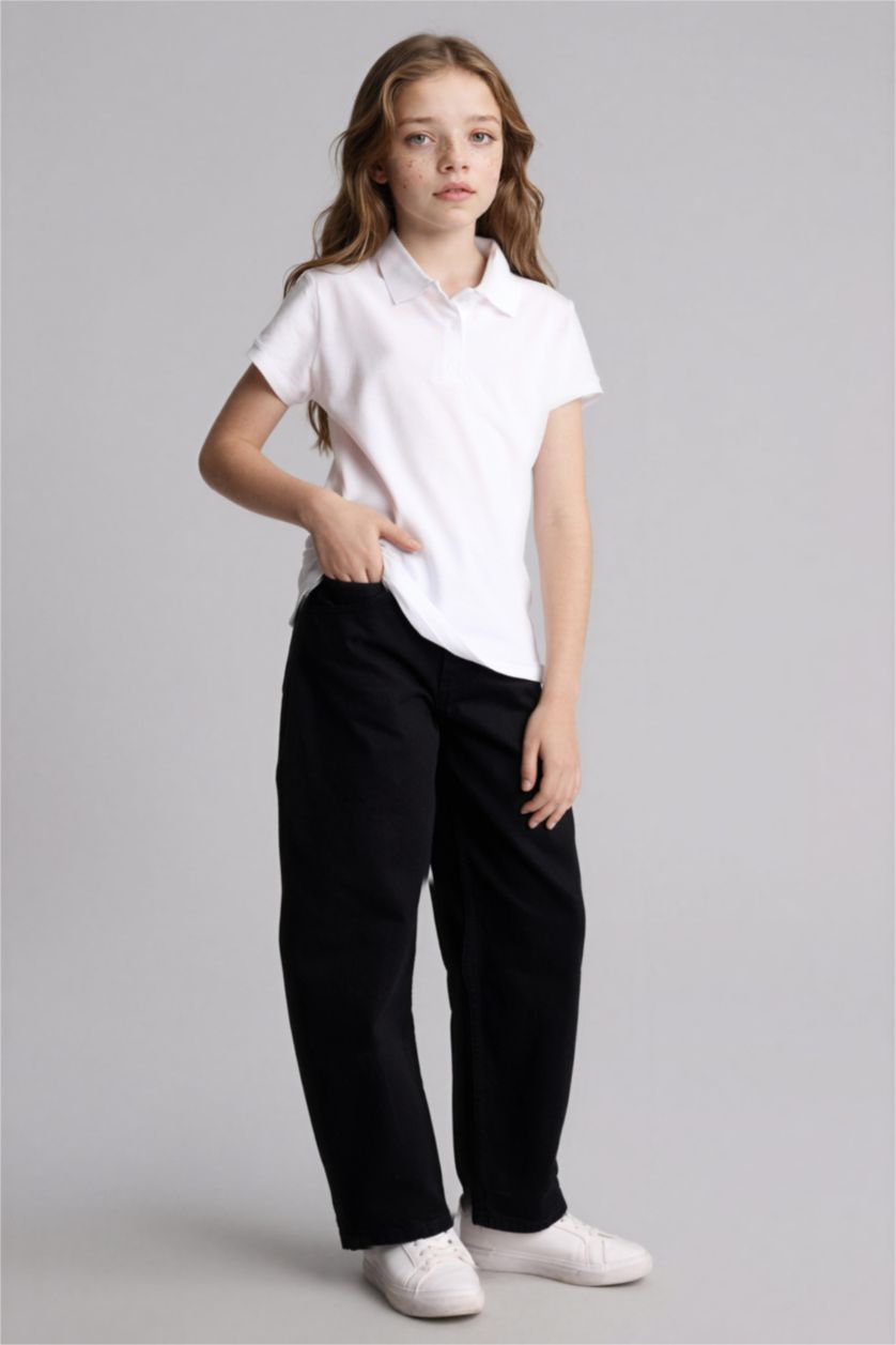 FILLES Blanc Polo basique à manches courtes en coton pour fille