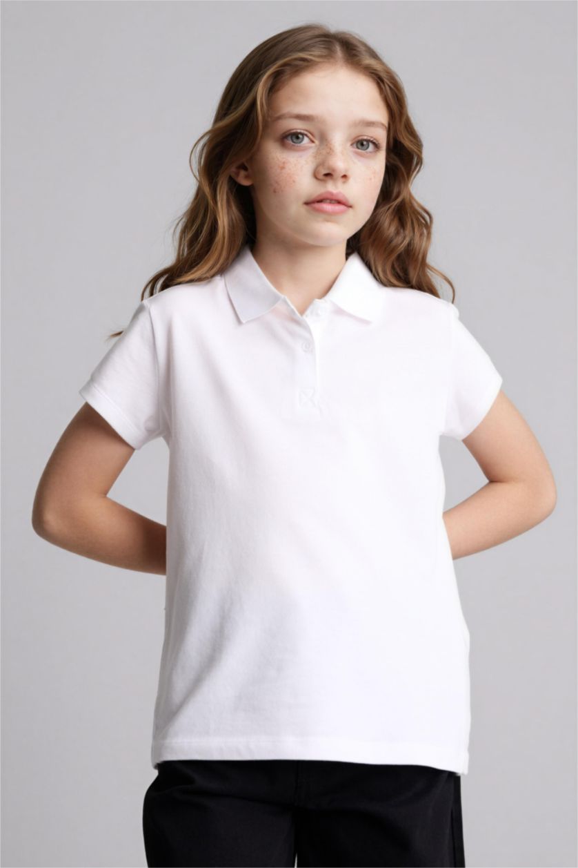 FILLES Blanc Polo basique à manches courtes en coton pour fille