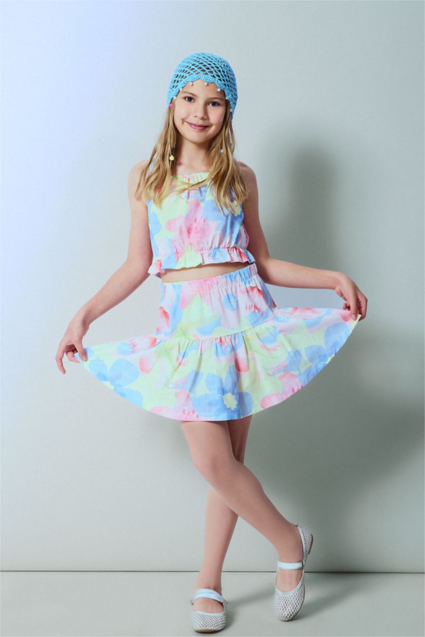 بنات أصفر فاتح Gril Poplin Floral Light Yellow Mini Skirt 2 Piece Set