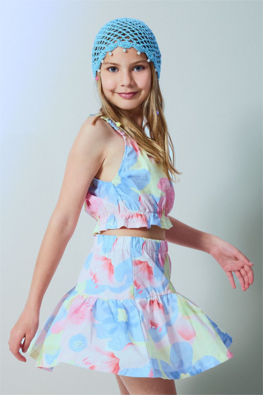 بنات أصفر فاتح Gril Poplin Floral Light Yellow Mini Skirt 2 Piece Set