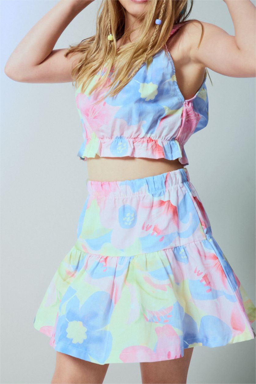 بنات أصفر فاتح Gril Poplin Floral Light Yellow Mini Skirt 2 Piece Set