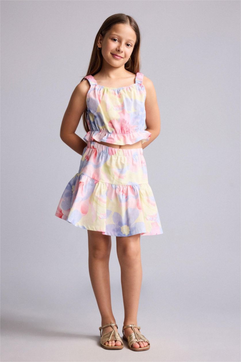 بنات أصفر فاتح Gril Poplin Floral Light Yellow Mini Skirt 2 Piece Set