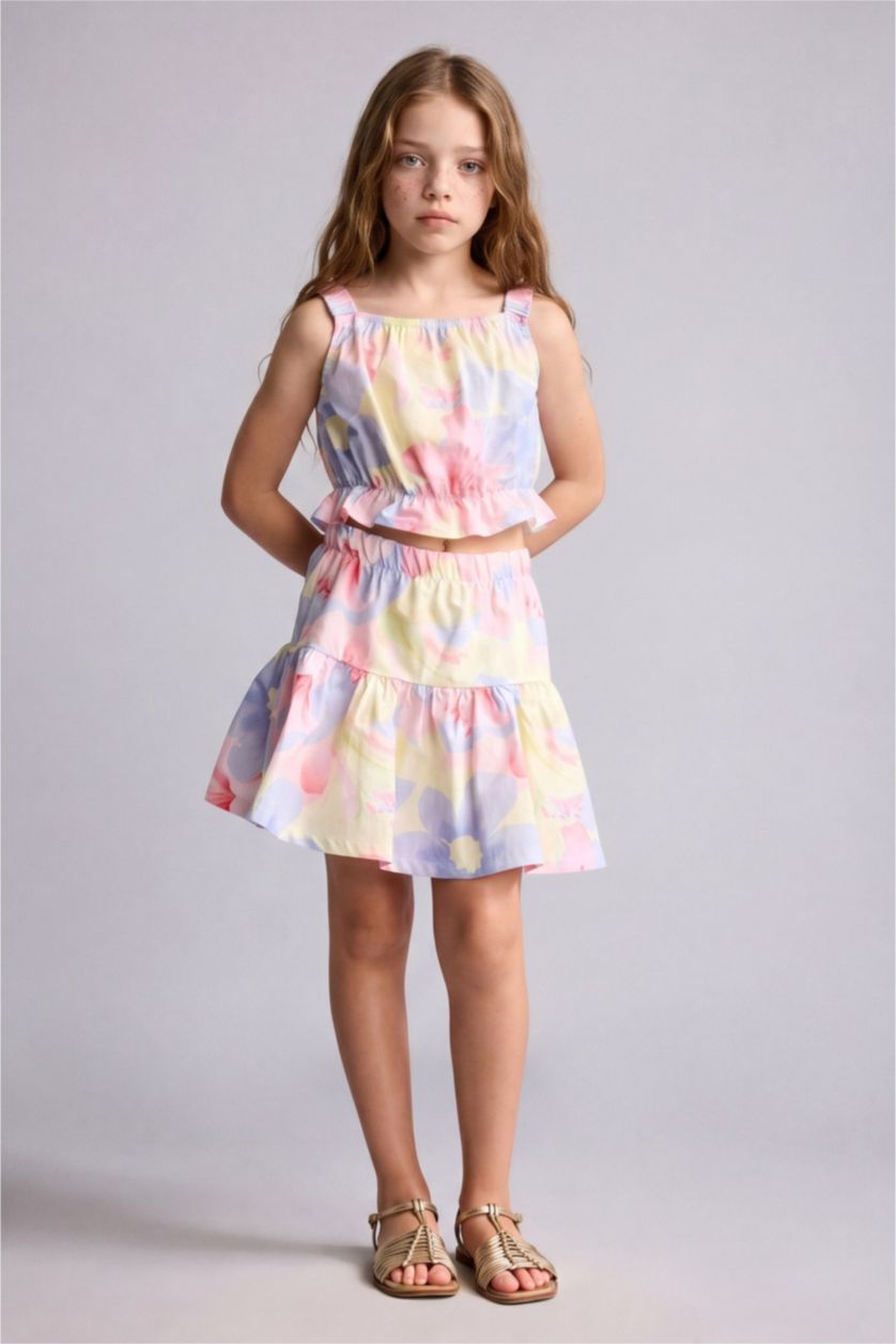 GIRLS & TEENS Light Yellow Girl Floral Square Neck Strappy Top and Mini Skirt Set
