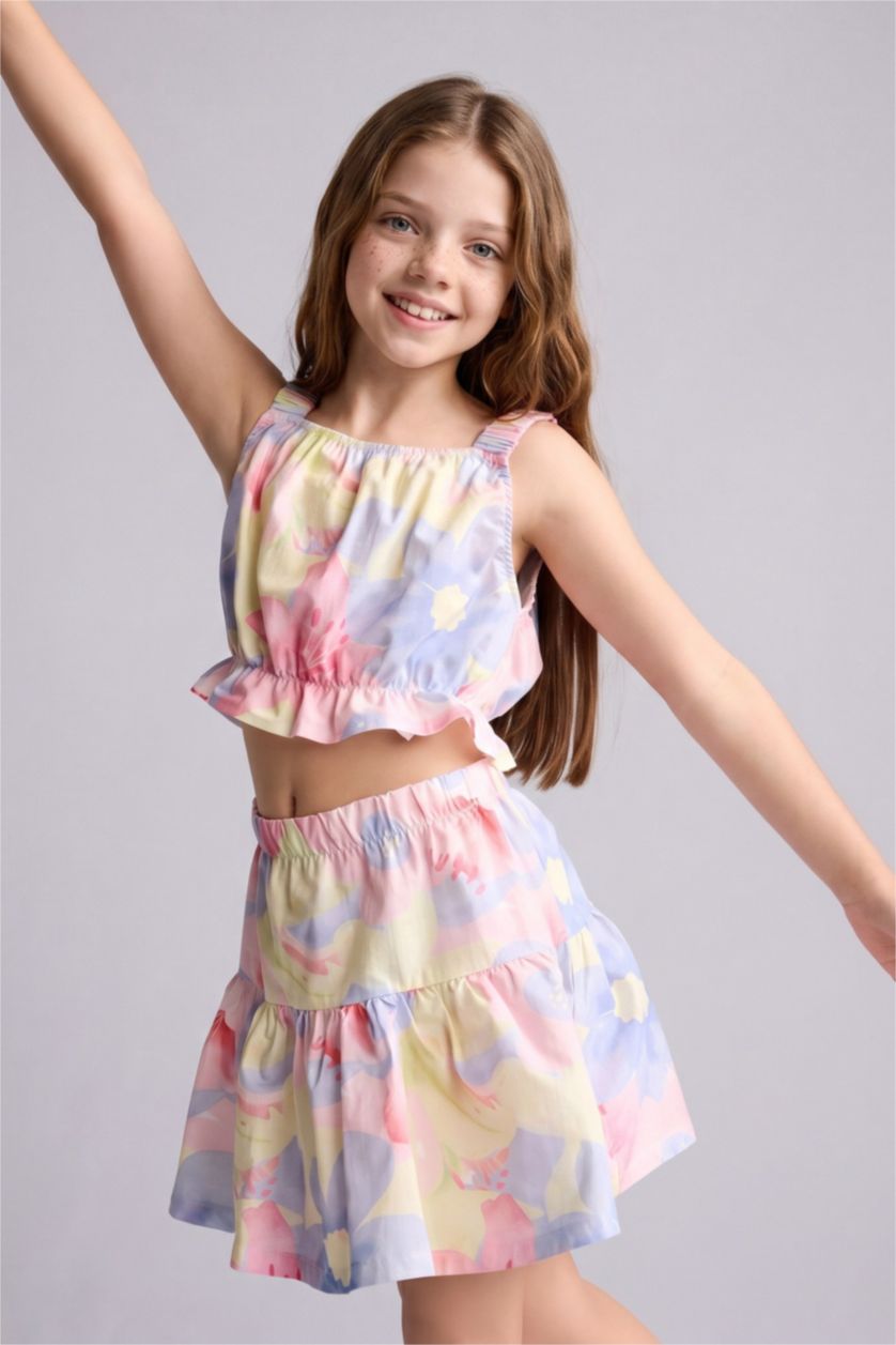GIRLS & TEENS Light Yellow Girl Floral Square Neck Strappy Top and Mini Skirt Set