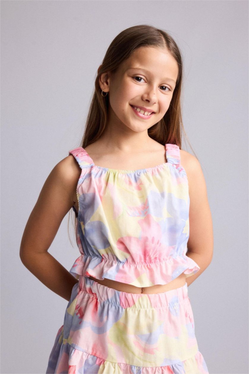 بنات أصفر فاتح Gril Poplin Floral Light Yellow Mini Skirt 2 Piece Set