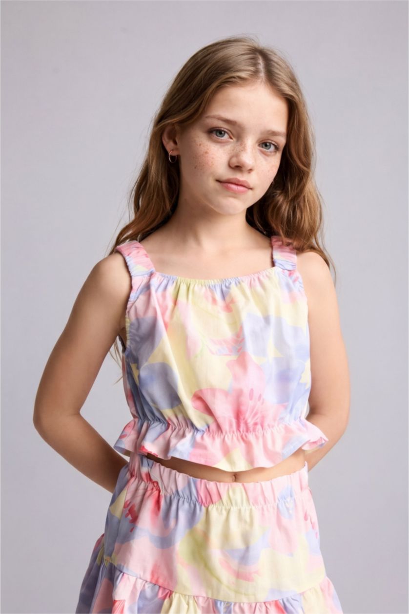 GIRLS & TEENS Light Yellow Girl Floral Square Neck Strappy Top and Mini Skirt Set
