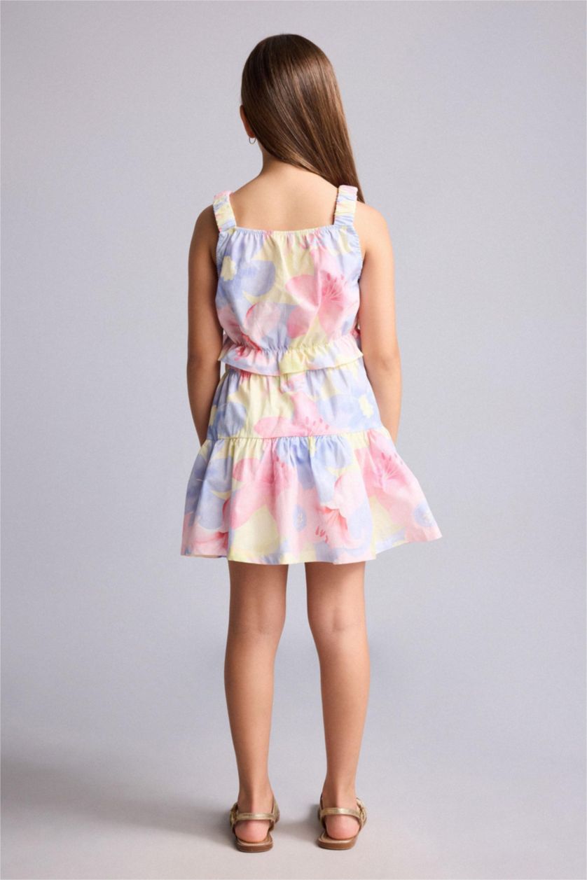 بنات أصفر فاتح Gril Poplin Floral Light Yellow Mini Skirt 2 Piece Set