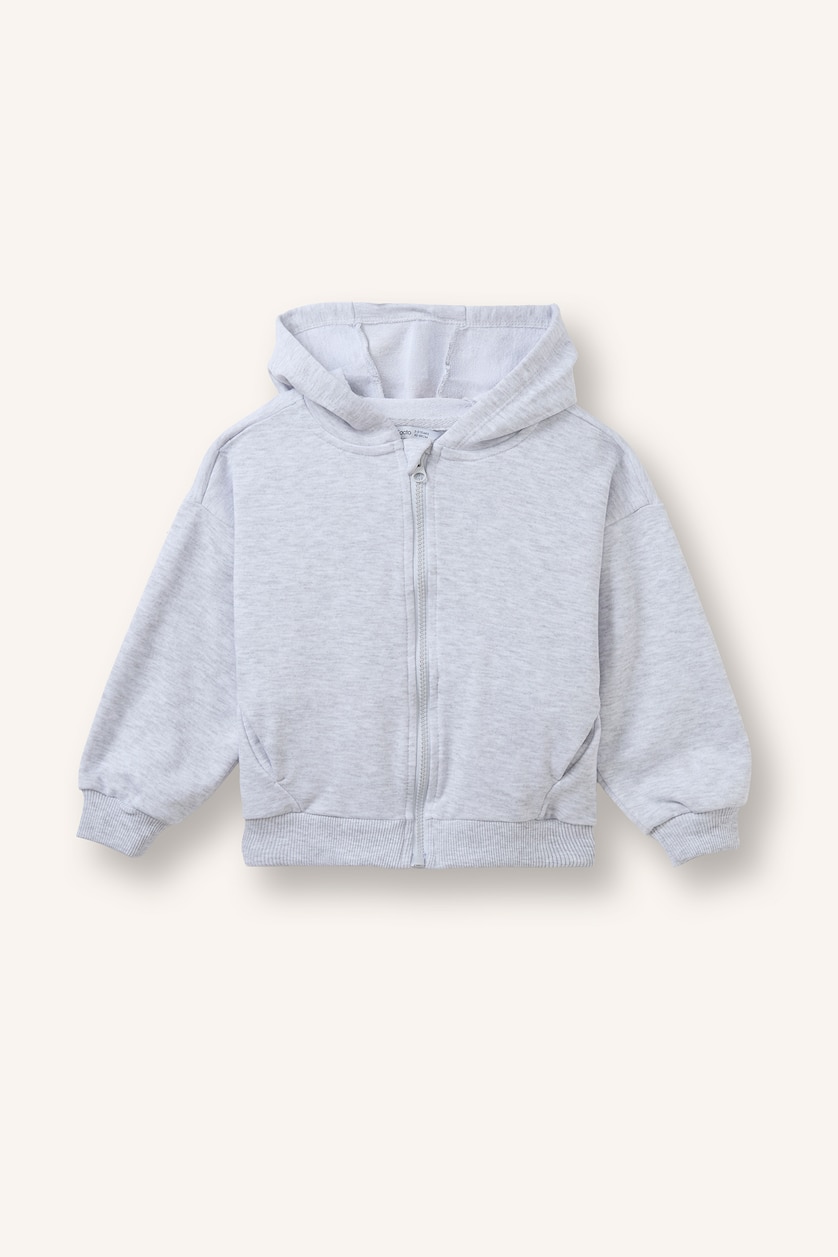Baby Girl Light Grey Melange هودي بناتي قماش تقيل قصة عادية بغطاء للرأس