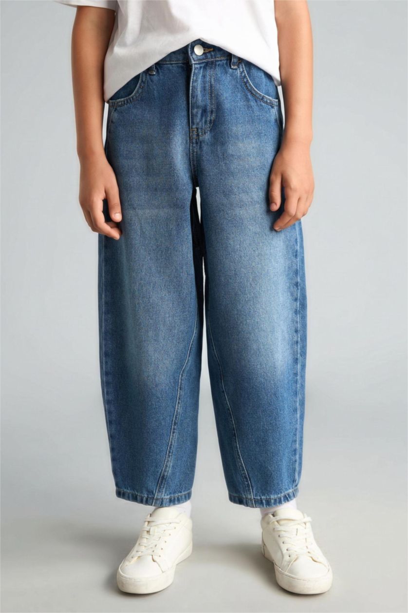Erkek Çocuk - Genç Erkek Mavi %100 Pamuk Barrel Fit Jean Pantolon Erkek Çocuk