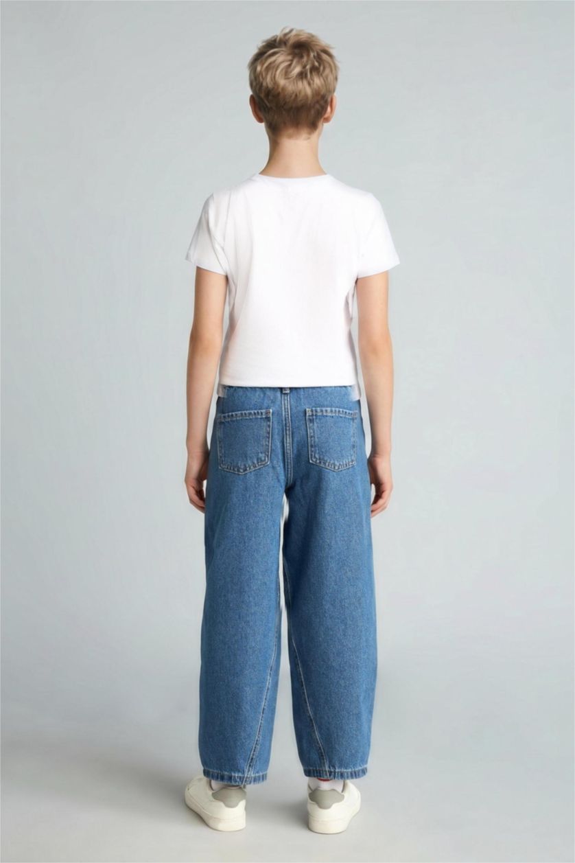 Erkek Çocuk - Genç Erkek Mavi %100 Pamuk Barrel Fit Jean Pantolon Erkek Çocuk