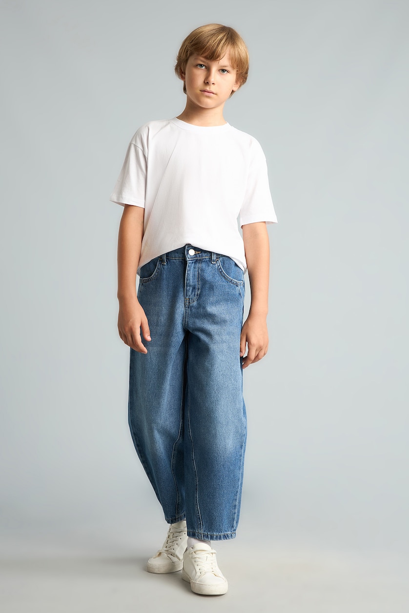 Erkek Çocuk - Genç Erkek Mavi %100 Pamuk Barrel Fit Jean Pantolon Erkek Çocuk