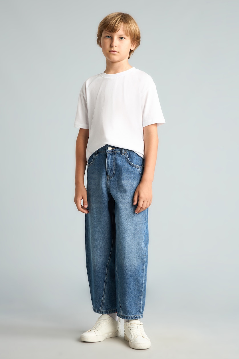 Erkek Çocuk - Genç Erkek Mavi %100 Pamuk Barrel Fit Jean Pantolon Erkek Çocuk