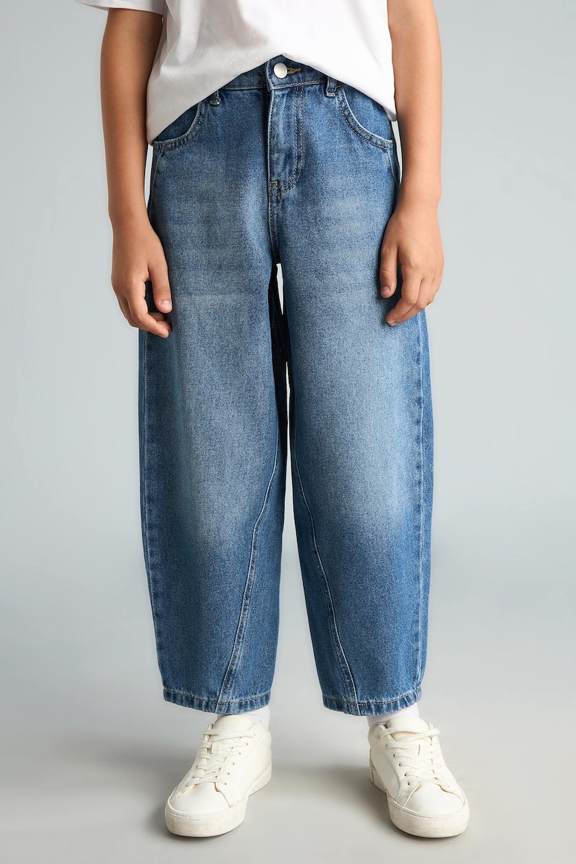 Erkek Çocuk - Genç Erkek Mavi %100 Pamuk Barrel Fit Jean Pantolon Erkek Çocuk