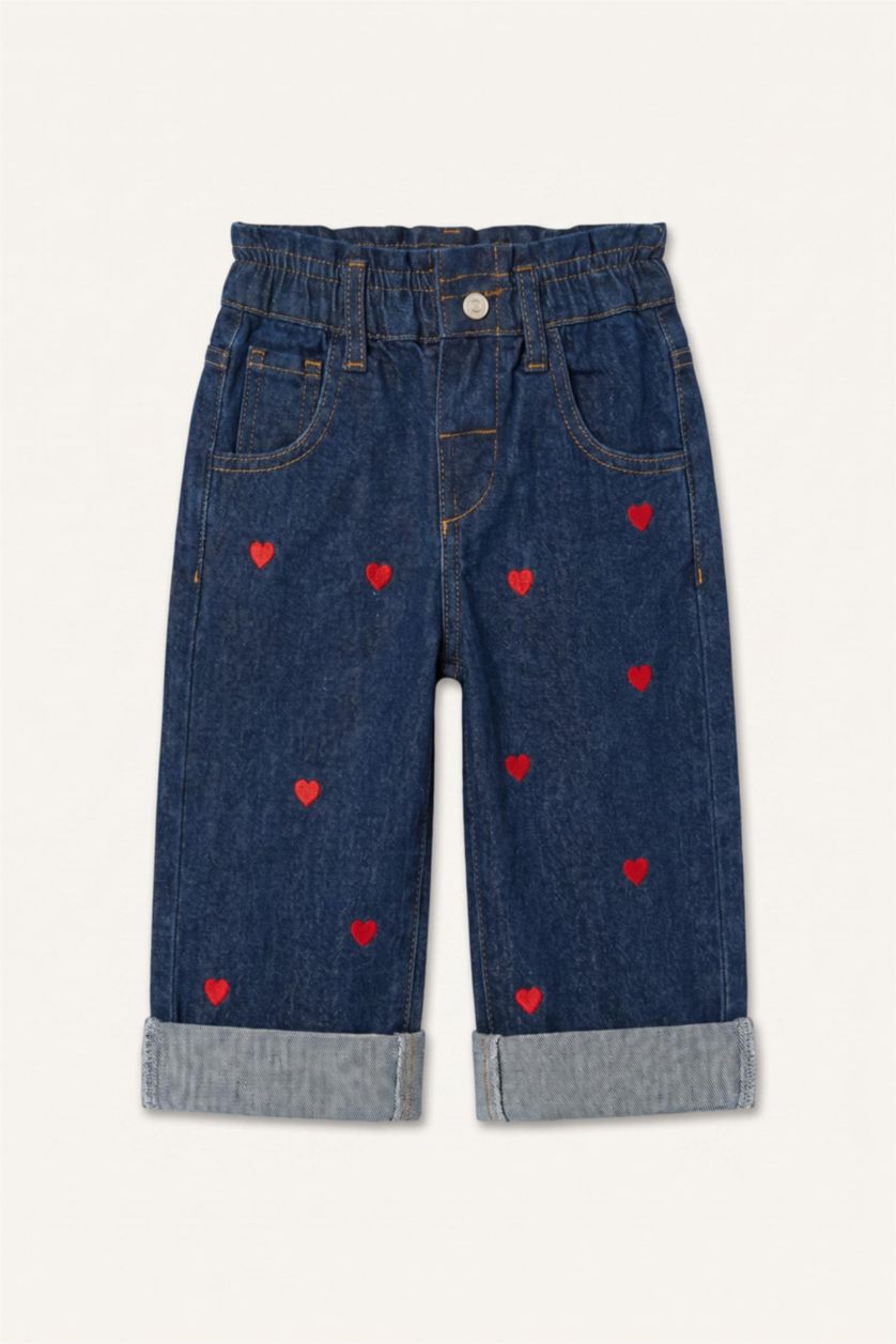 Kız Bebek Koyu Mavi %100 Pamuk Wide Leg Jean Pantolon Kız Bebek