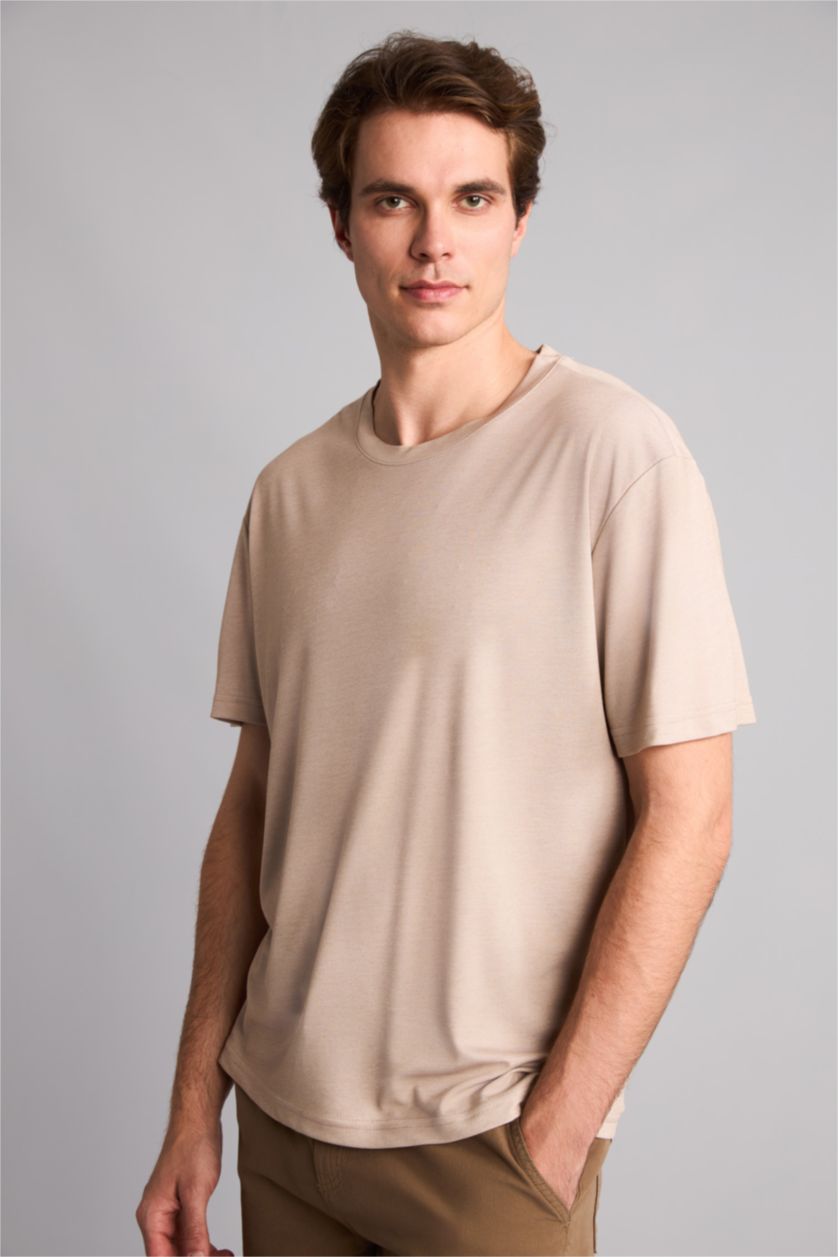Men Beige Melange Regular Fit Pique Short Sleeve T-Shirt