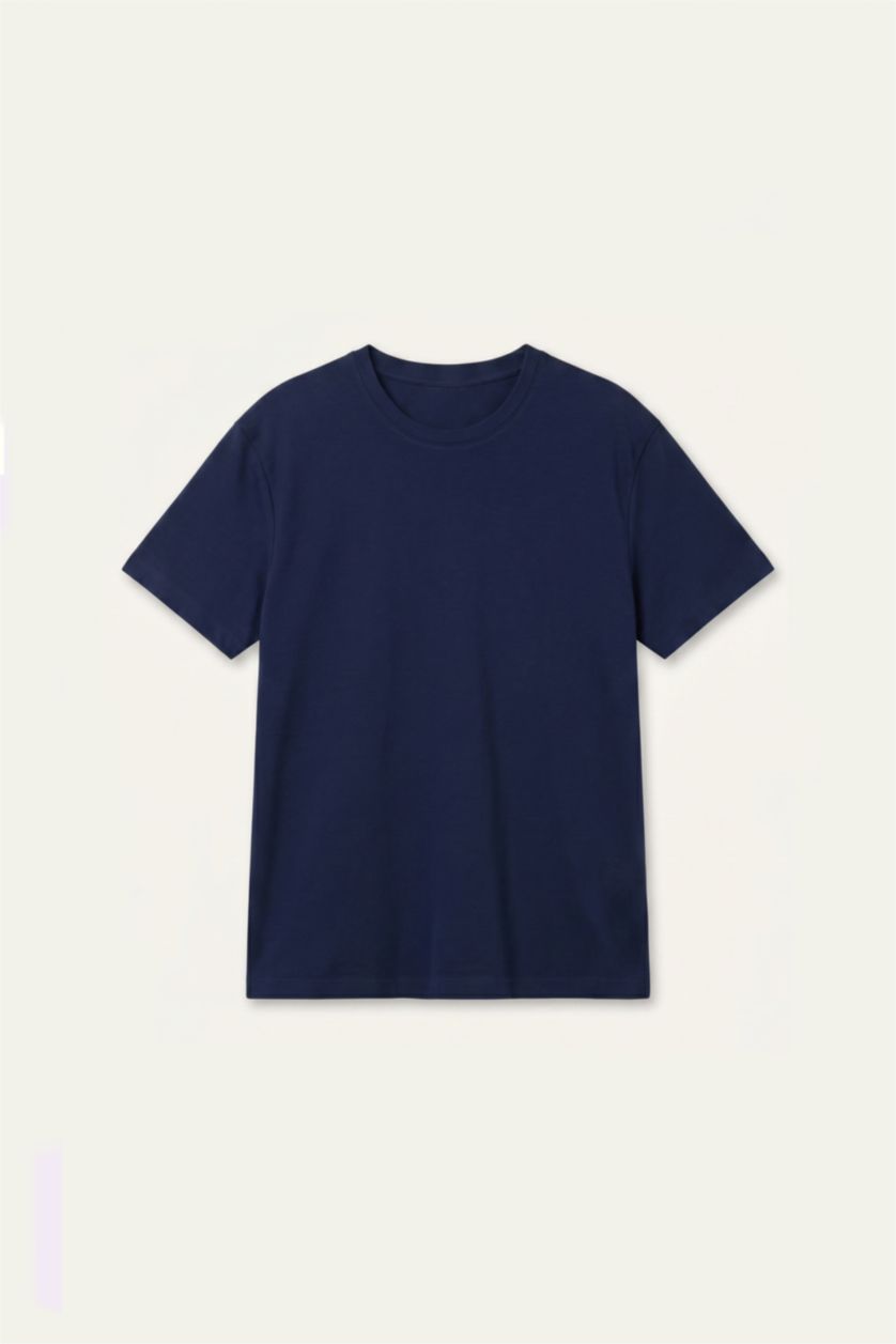 Men Indigo Melange Regular Fit Crew Neck Pique Basic T-shirt