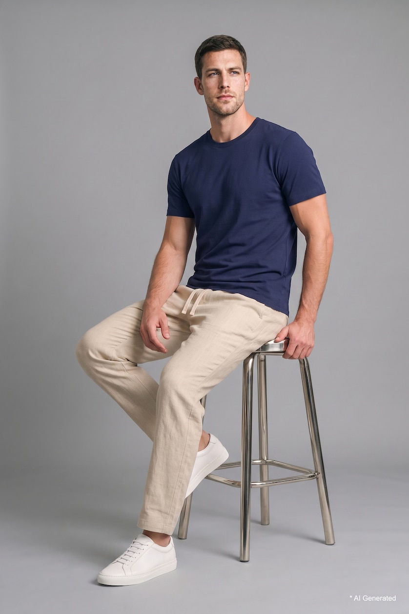Man Indigo Melange Regular Fit Crew Neck Pique Basic T-shirt