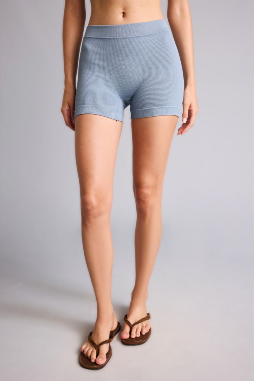 Woman Light Blue Ribbed Elastic Waist Light Blue Seamless Shorts