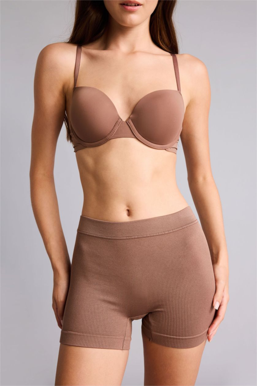 Woman Brown Ribbed Elastic Waist Brown Seamless Boxer