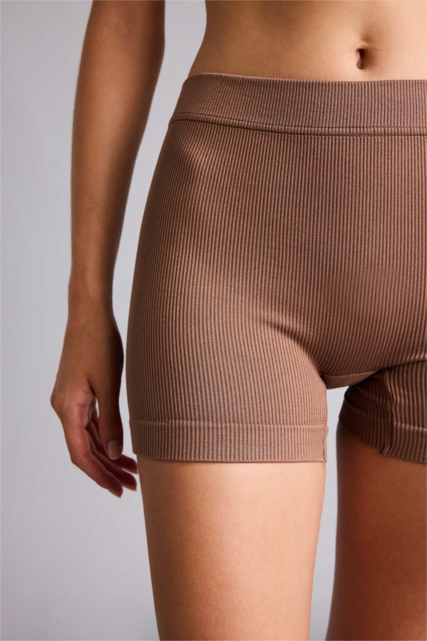 Woman Brown Ribbed Elastic Waist Brown Seamless Boxer
