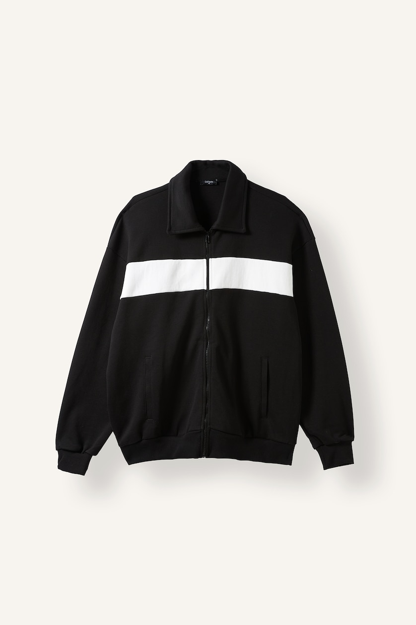 Erkek Siyah Boxy Fit Fermuarlı Şeritli Sweatshirt Hırka