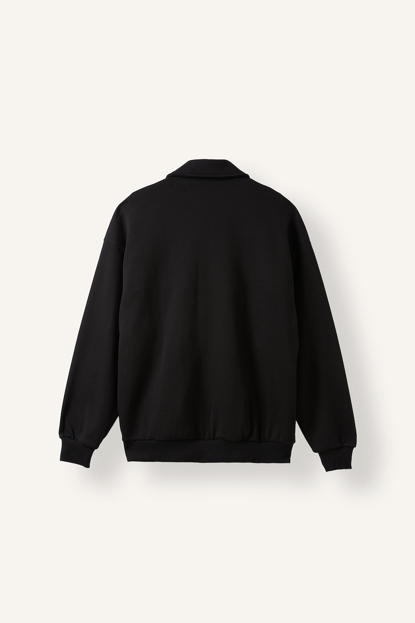 Erkek Siyah Boxy Fit Fermuarlı Şeritli Sweatshirt Hırka