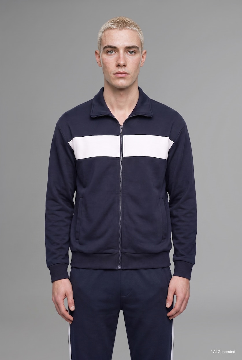 رجال كحلي Boxy Fit Polo Collar Zip-Up Sweatshirt