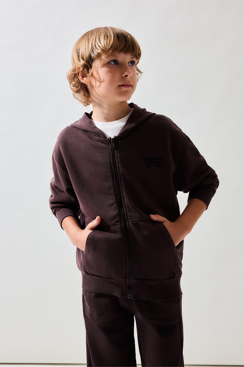 Boys & Teens Light Brown Oversize Fit Hooded Cardigan Printed