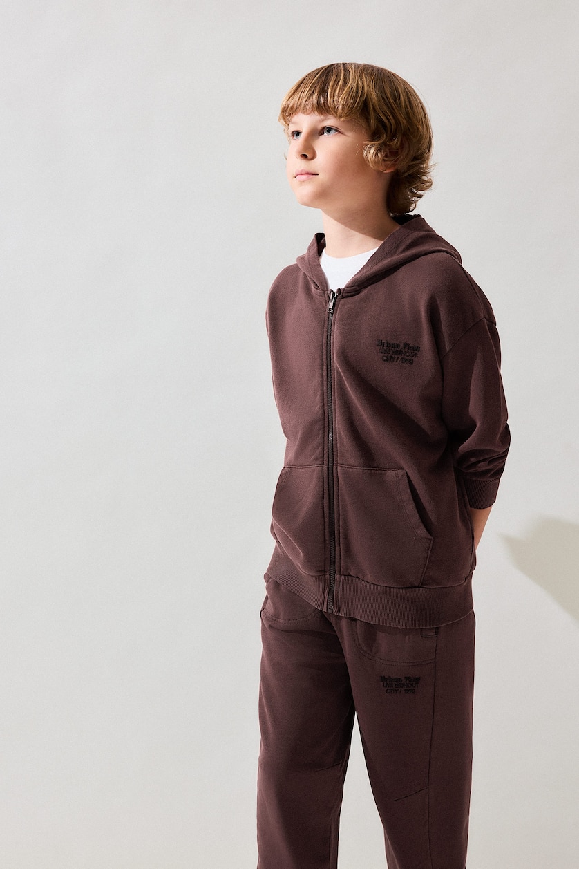 Erkek Çocuk - Genç Erkek Açık Kahve %100 Pamuk Kapüşonlu Yıkama Efektli Fermuarlı Hırka