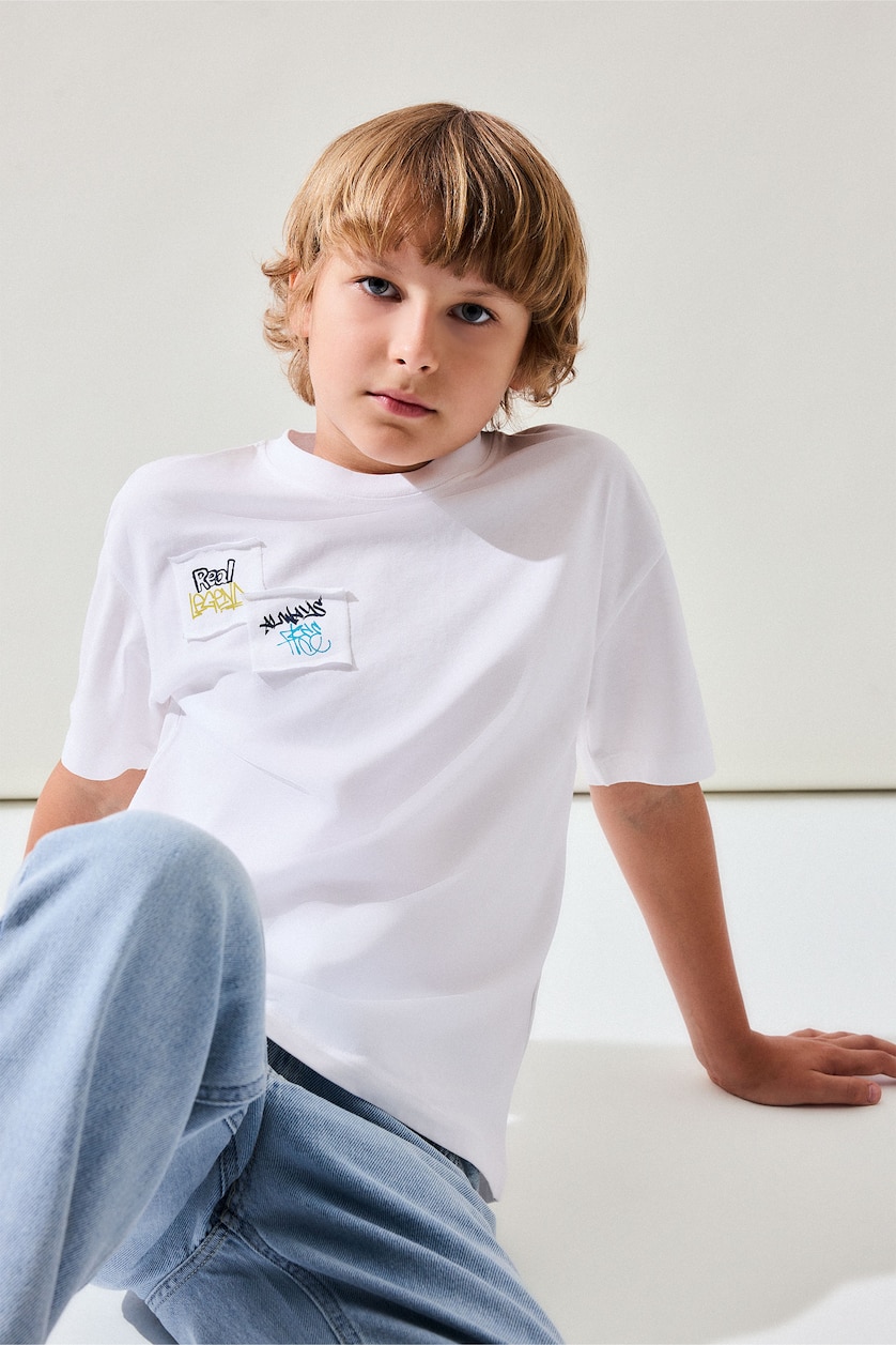 Erkek Çocuk - Genç Erkek Beyaz Oversize Sırt Baskılı Baskılı Tişört Erkek Çocuk