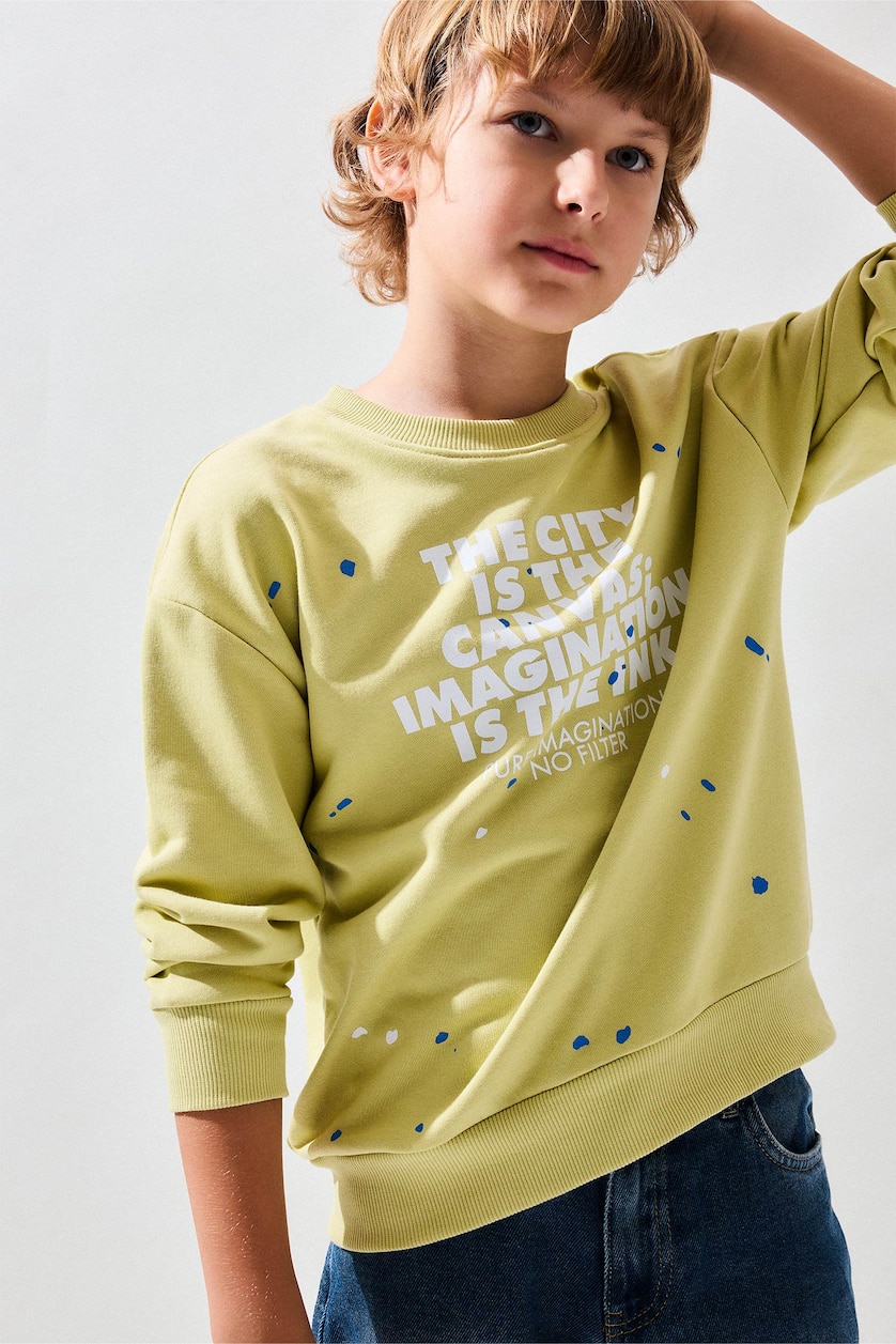 Young Boys - Teen Boys Light Green Regular Fit Printed Crew Neck Sweatshirt