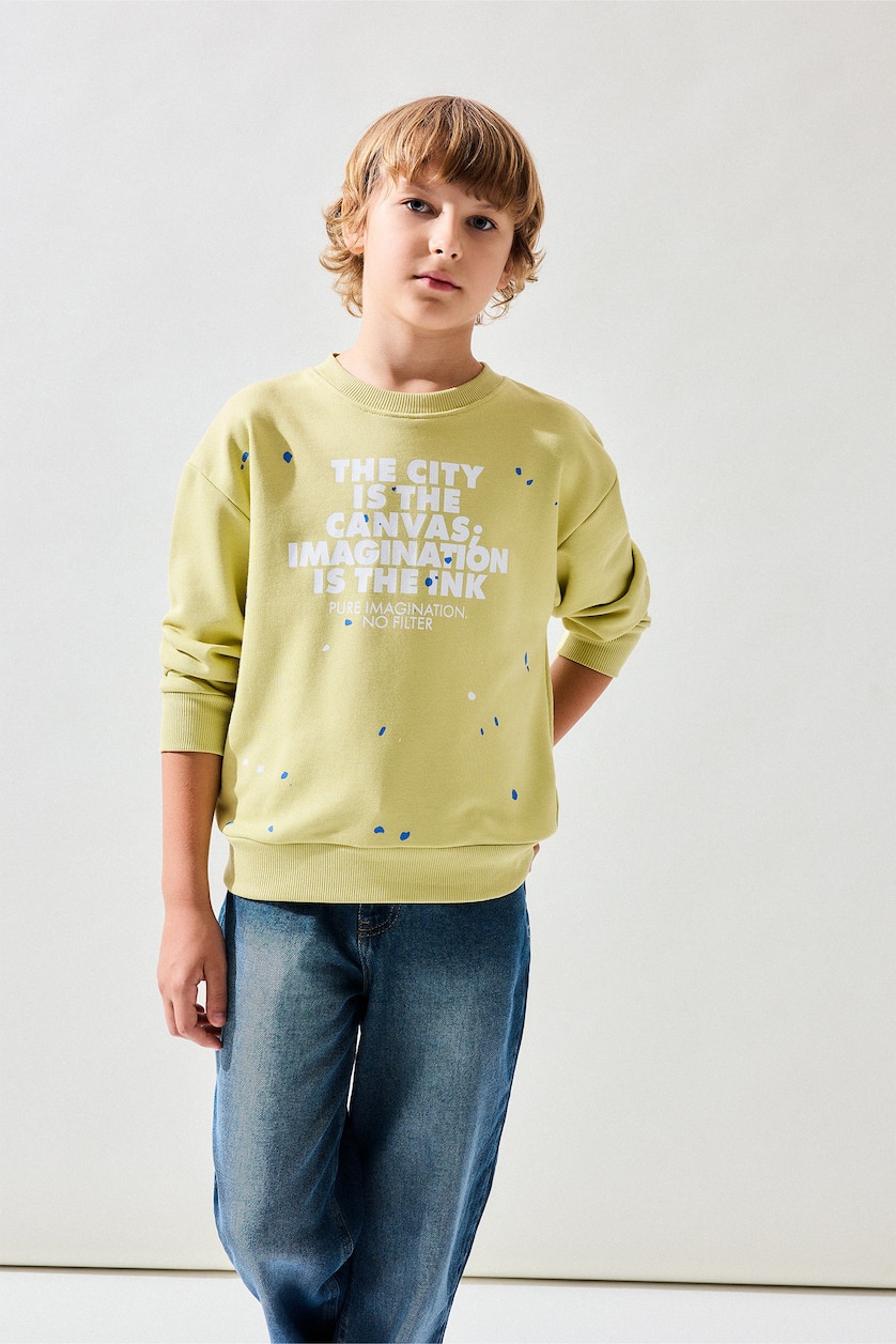 Young Boys - Teen Boys Light Green Regular Fit Printed Crew Neck Sweatshirt
