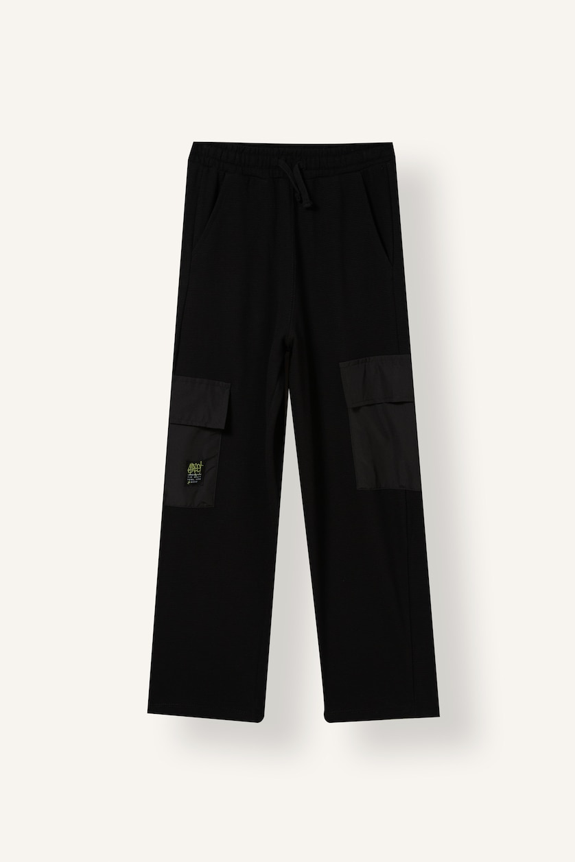 BOYS & TEENS Black Boy 100% Cotton Cargo Pockets Barrel Fit Trousers