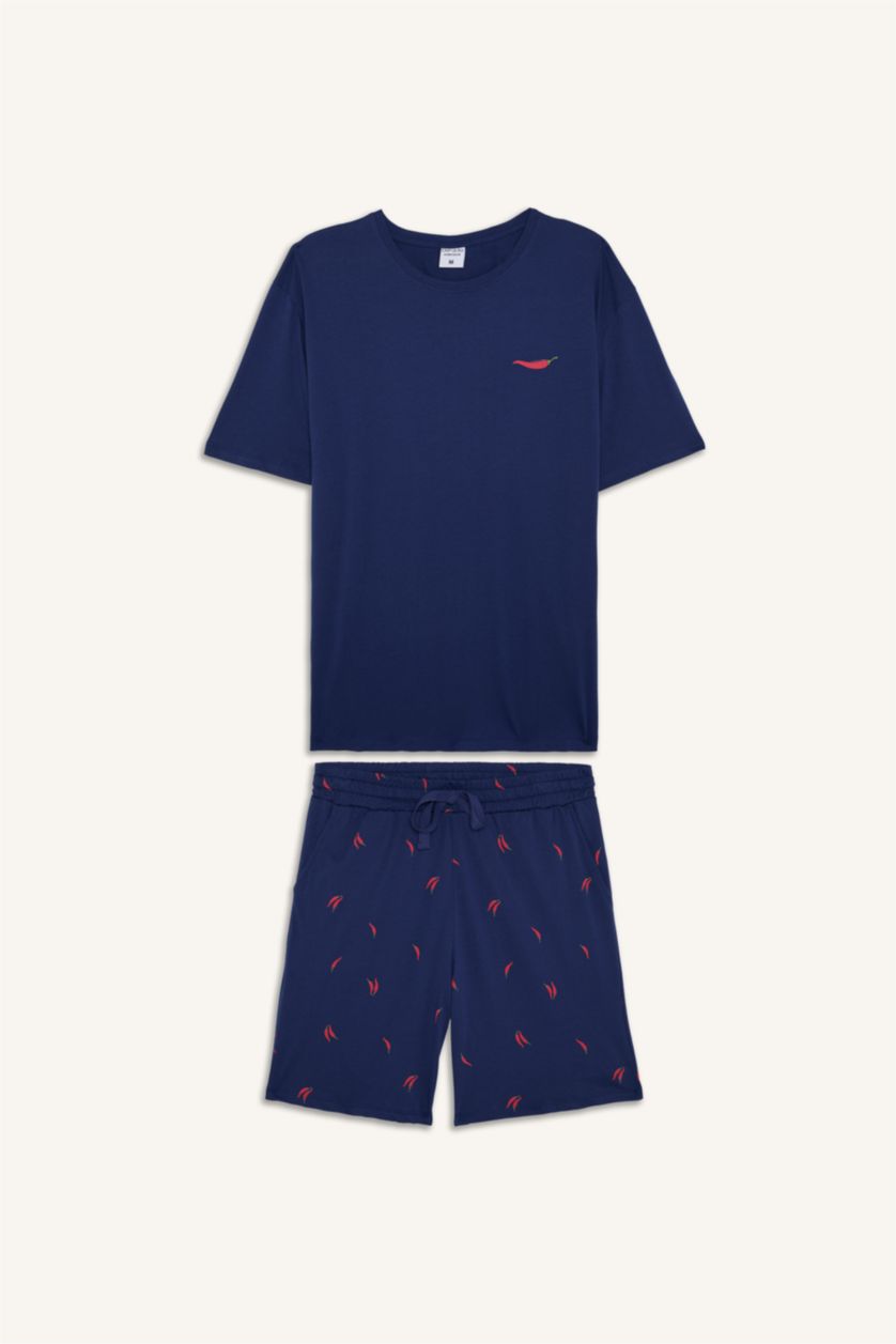 Erkek İndigo %100 Pamuk New Regular Fit Şort Tişört 2'li Şortlu Pijama Takımı