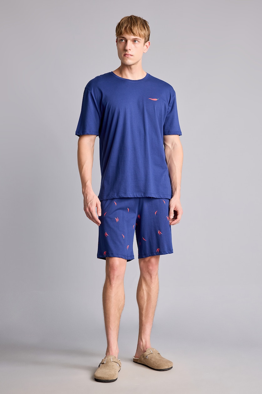 Erkek İndigo %100 Pamuk New Regular Fit Şort Tişört 2'li Şortlu Pijama Takımı