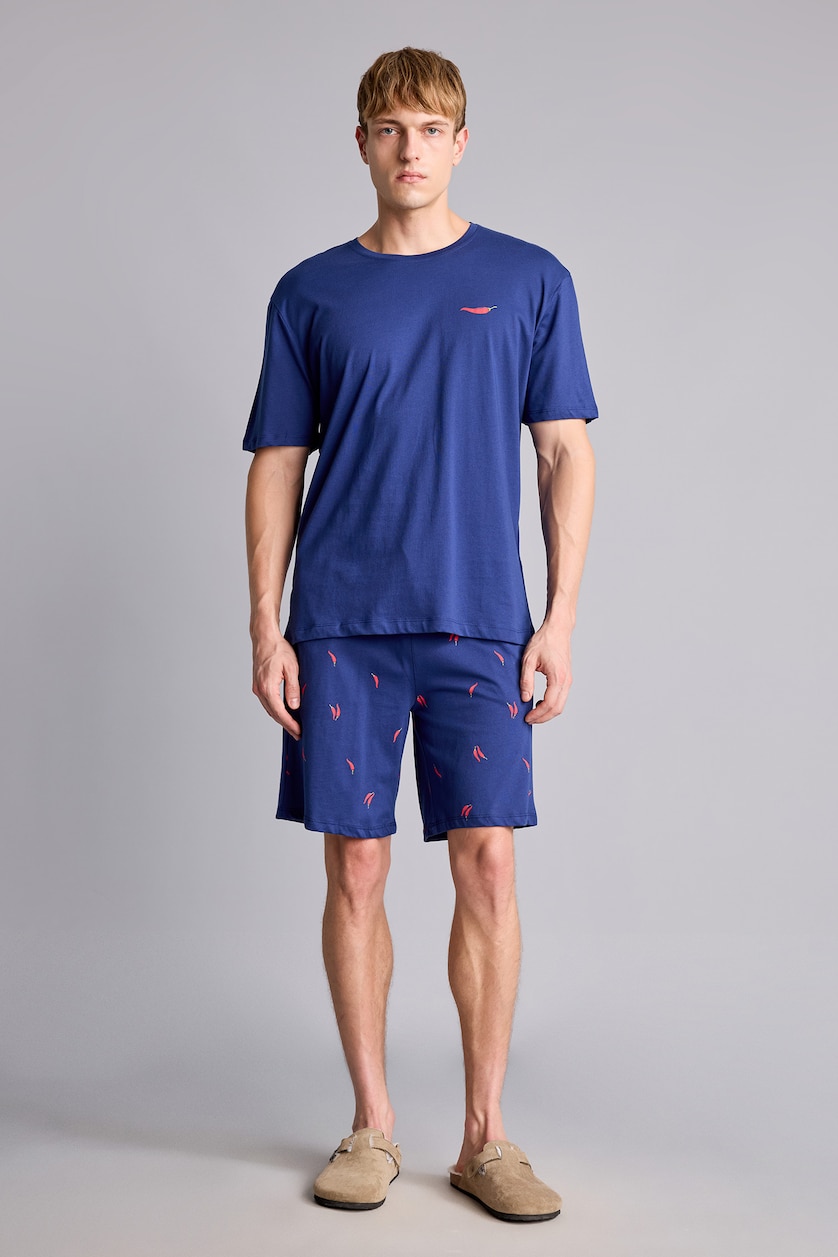 Erkek İndigo %100 Pamuk New Regular Fit Şort Tişört 2'li Şortlu Pijama Takımı