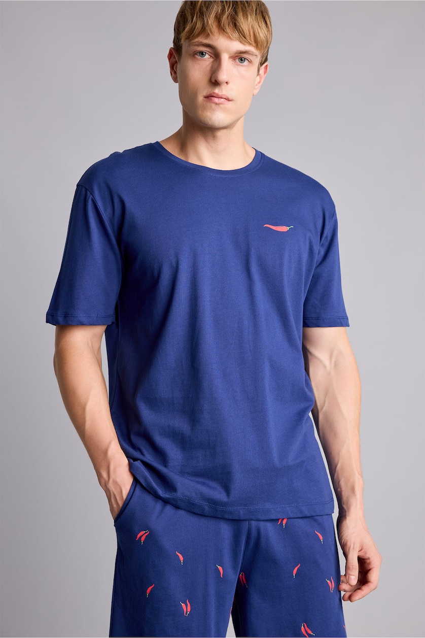 Erkek İndigo %100 Pamuk New Regular Fit Şort Tişört 2'li Şortlu Pijama Takımı