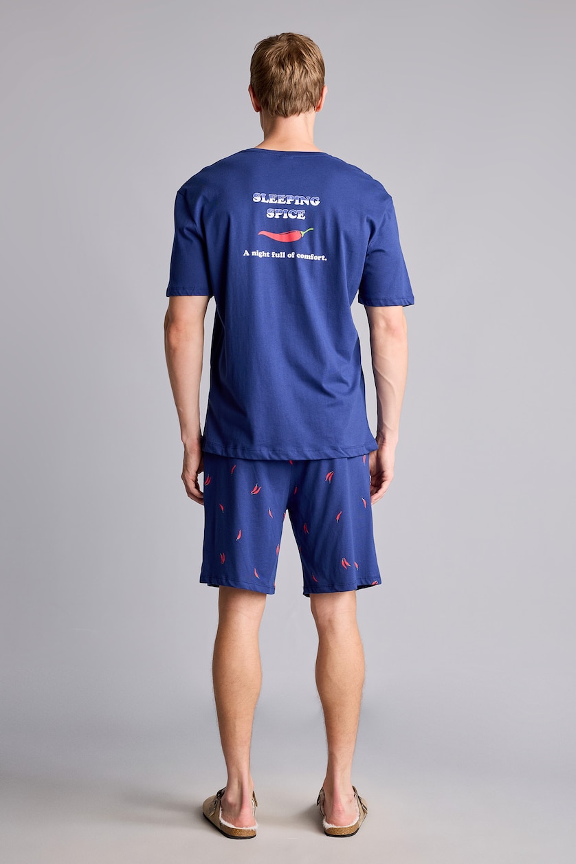 Erkek İndigo %100 Pamuk New Regular Fit Şort Tişört 2'li Şortlu Pijama Takımı