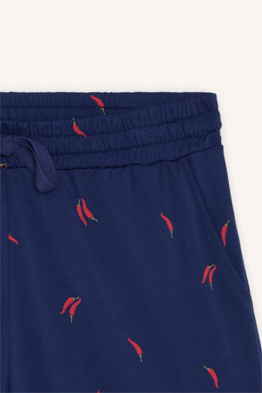 Erkek İndigo %100 Pamuk New Regular Fit Şort Tişört 2'li Şortlu Pijama Takımı