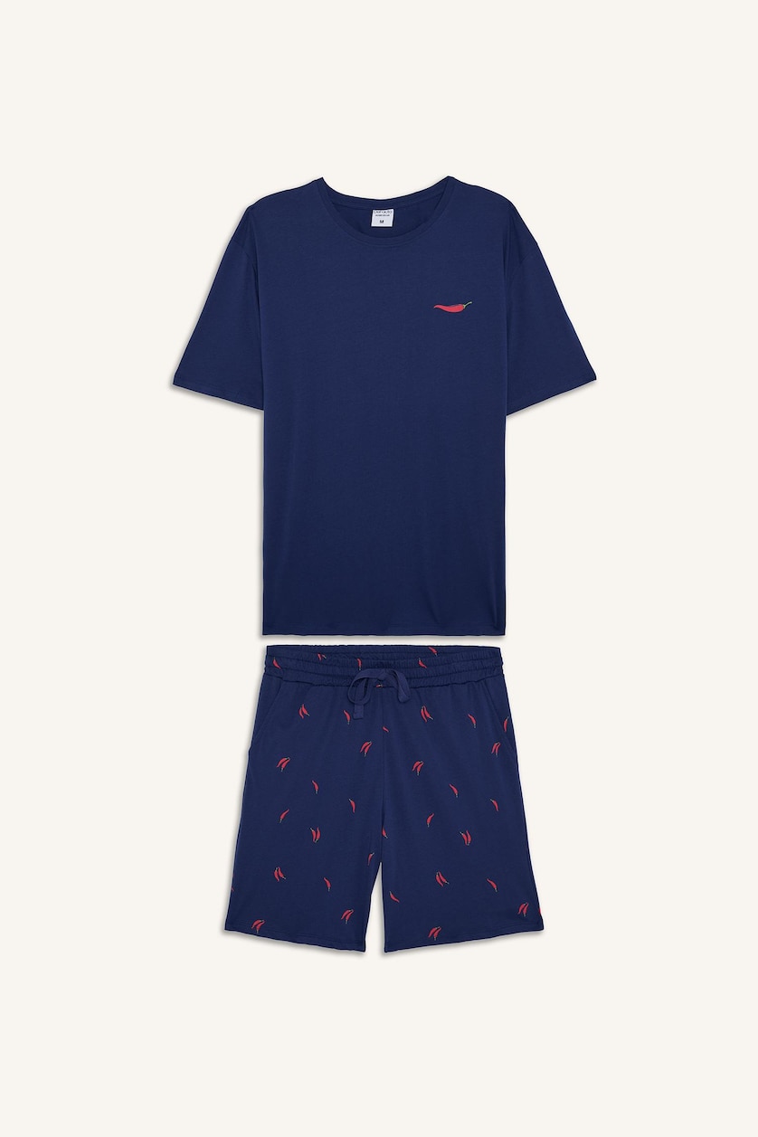 Erkek İndigo %100 Pamuk New Regular Fit Şort Tişört 2'li Şortlu Pijama Takımı