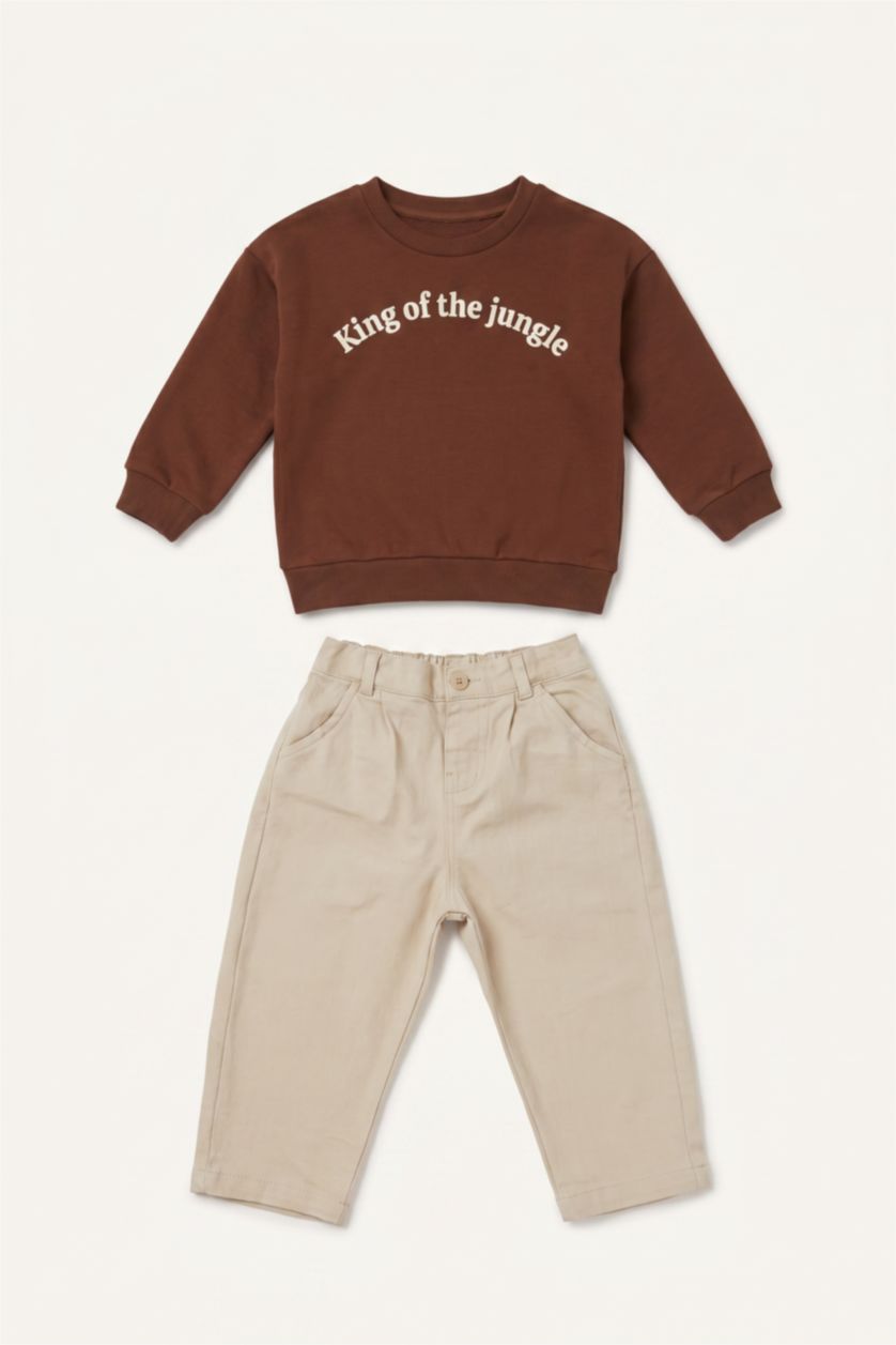 Baby Boys Brown 2 piece Regular Fit Crew Neck Embroidered Set