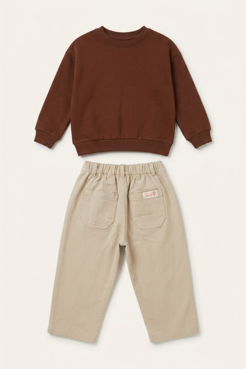 Baby Boys Brown 2 piece Regular Fit Crew Neck Embroidered Set