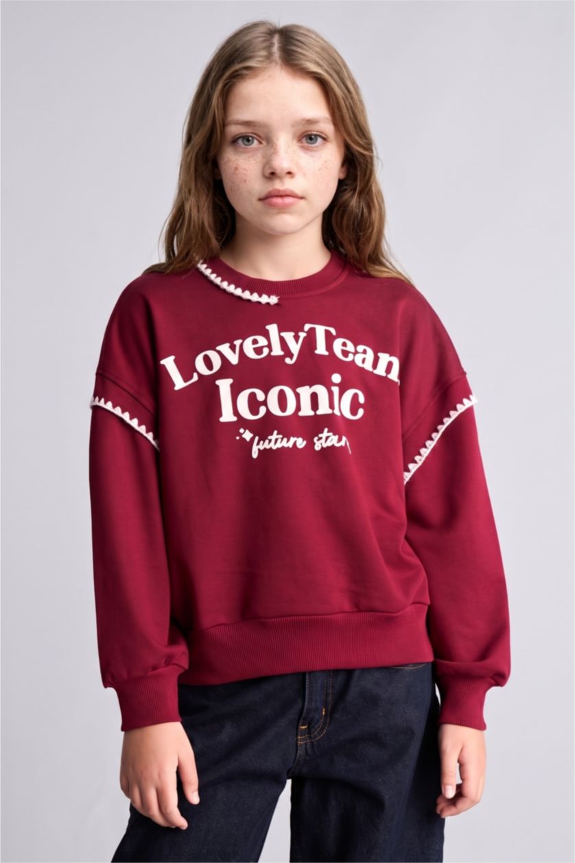 Kız Çocuk - Genç Kız Bordo Relaxed Fit Baskılı Sweatshirt Kız Çocuk