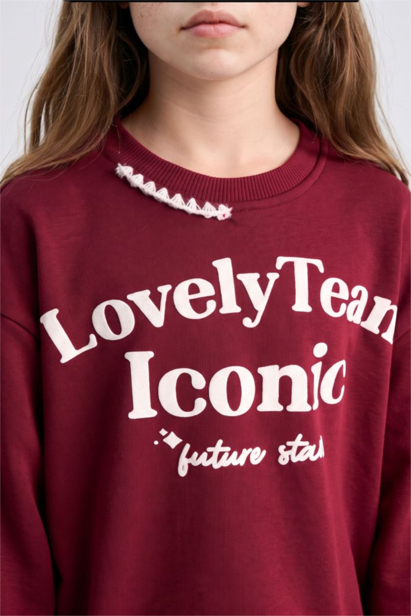 Kız Çocuk - Genç Kız Bordo Relaxed Fit Baskılı Sweatshirt Kız Çocuk