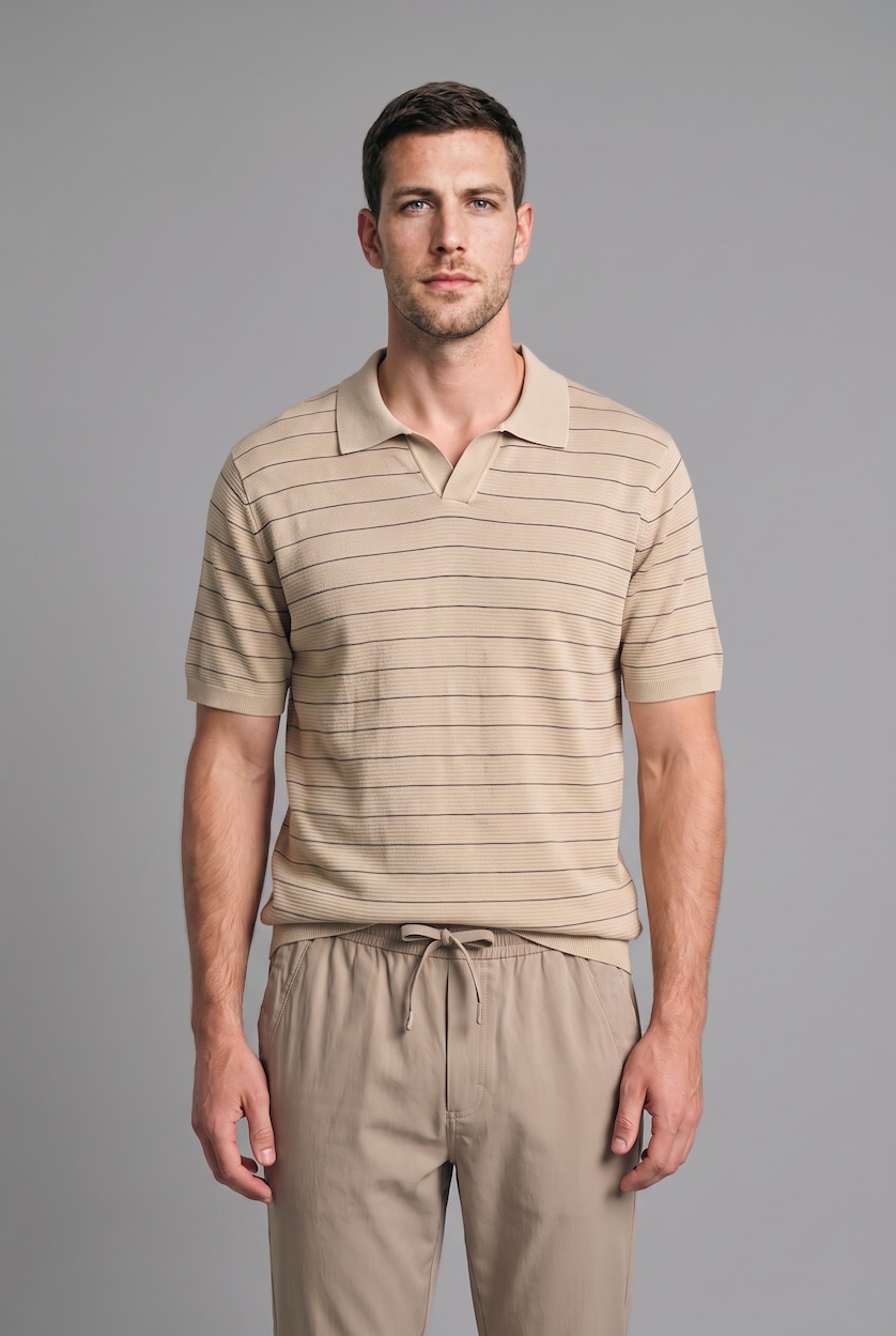 Man Ecru Standard Fit Striped Knit Polo Shirt