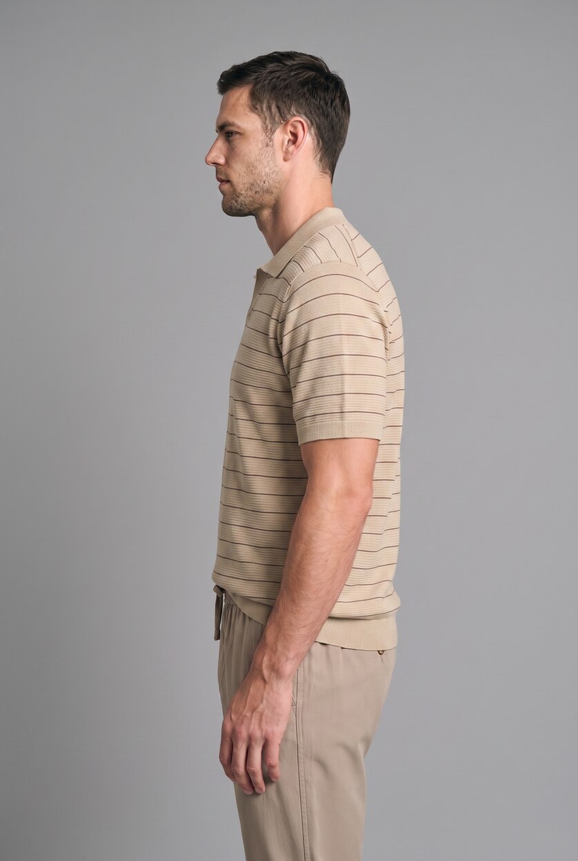 Man Ecru Standard Fit Striped Knit Polo Shirt