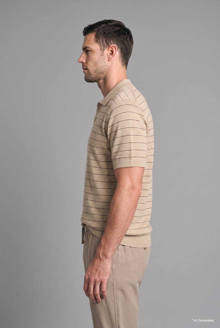 رجال بيج فاتح Standard Fit Striped Knit Polo T-Shirt