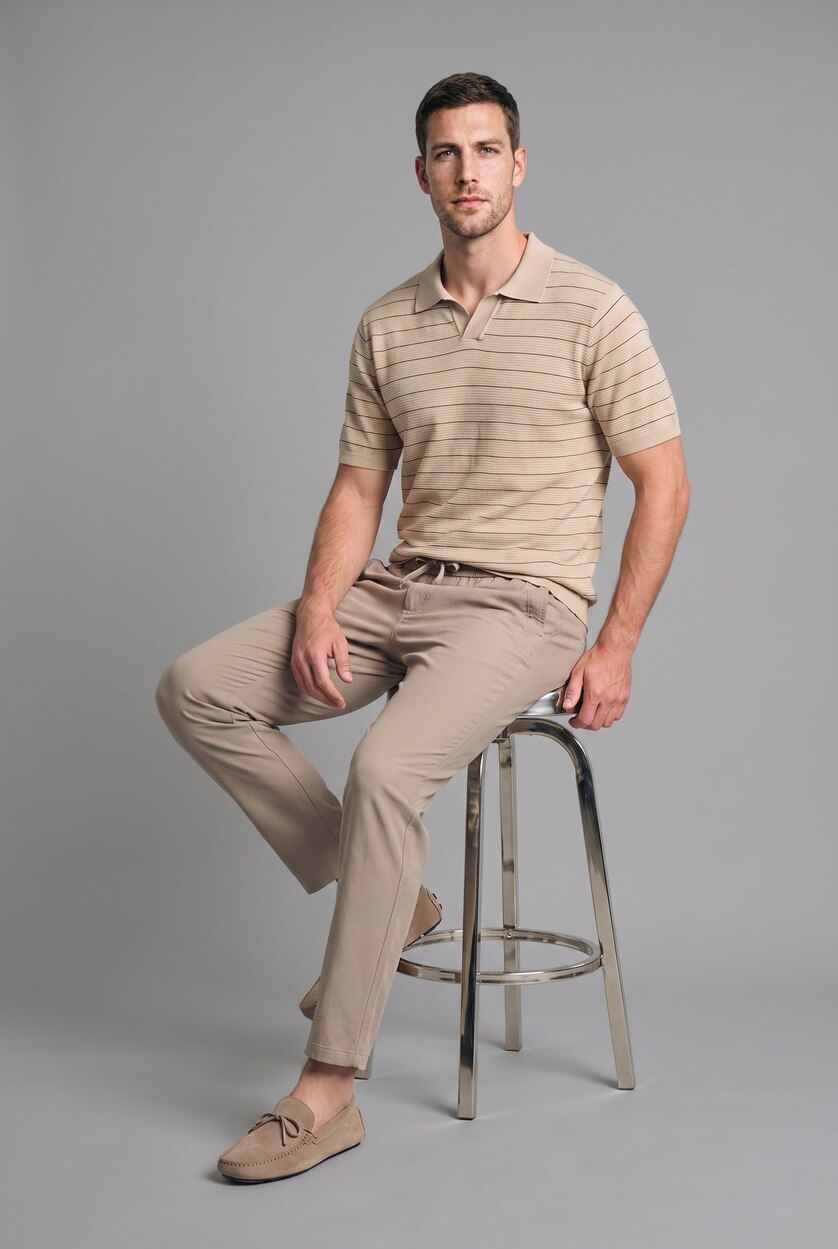 Man Ecru Standard Fit Striped Knit Polo Shirt