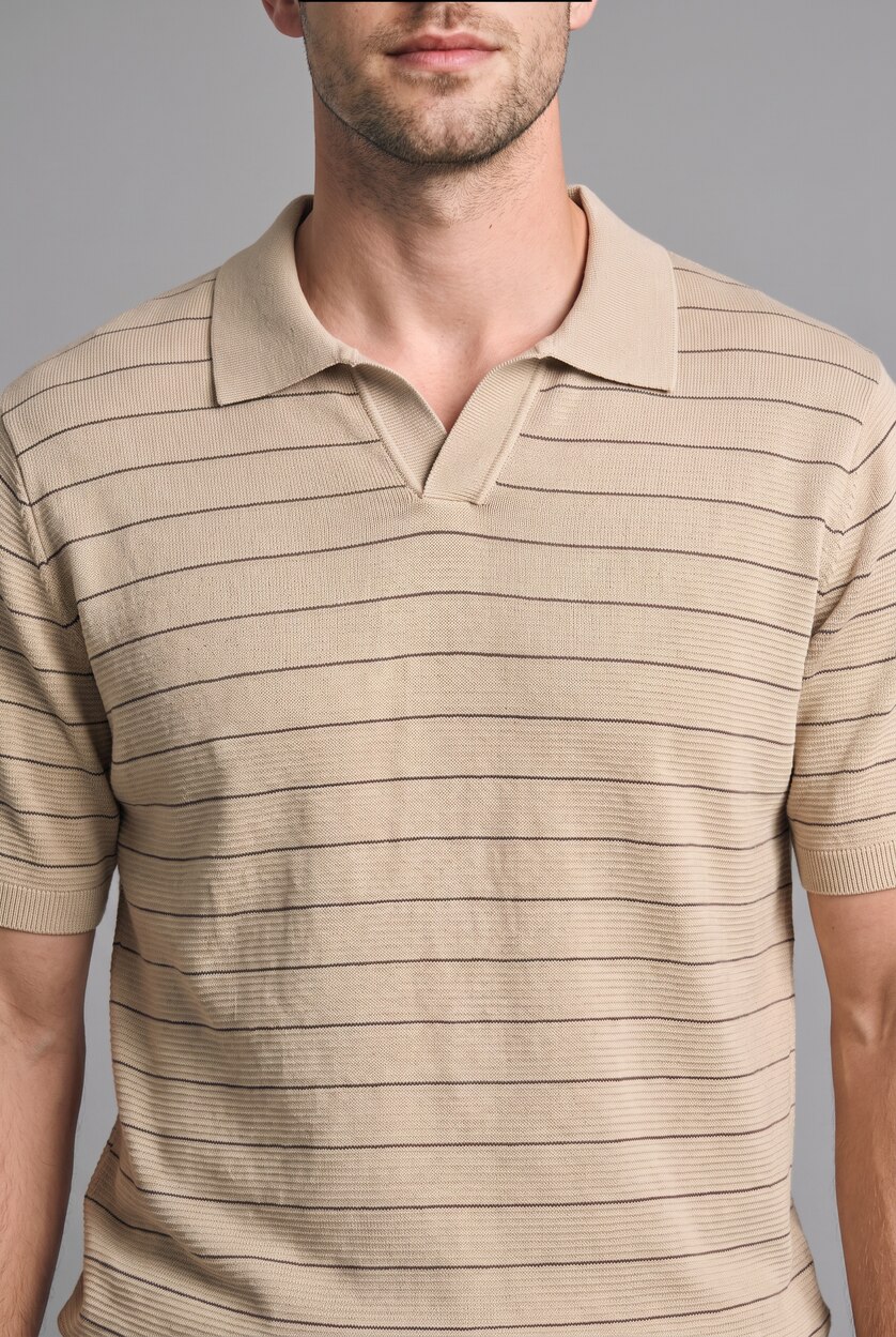 Man Ecru Standard Fit Striped Knit Polo Shirt